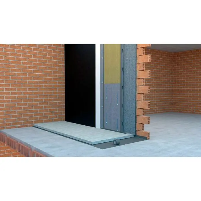 Bur2000 Placa absorbente acústica Felt 34 - 120 x 60 cm, Espesor: 4 cm, Algodón - Vista detallada de una construcción de pared moderna que muestra materiales de aislamiento y ladrillo. Las diferentes capas son claramente visibles.