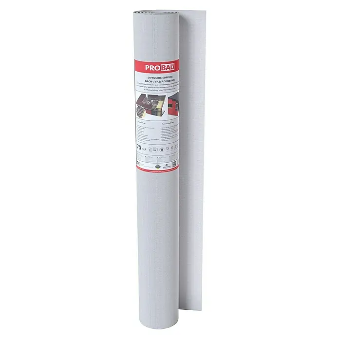 Probau Dachunterspannbahn - 50 x 1,5 m, 75 m² - Bild eines PROBAU diffusionsoffenen Dach- und Fassadenbahn Rolle, ideal für den Bau. Sie bietet optimalen Schutz und hohe Qualität für Ihr Projekt.