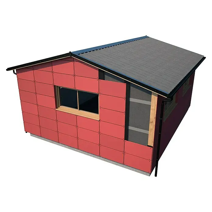 Probau Dachunterspannbahn - 50 x 1,5 m, 75 m² - Ansicht eines kleinen roten Hauses mit quadratischen Paneelen und grauem Dach, das einen modernen und kompakten Eindruck macht.