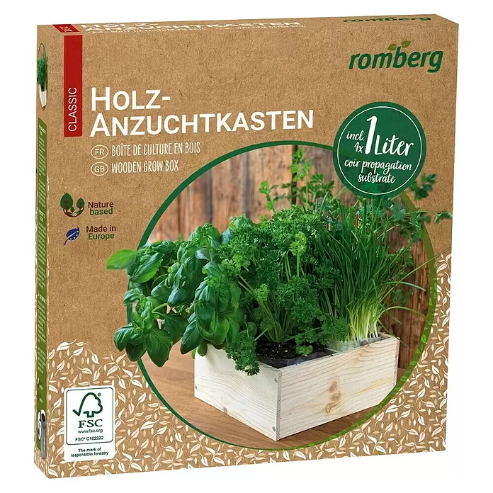Romberg Anzuchttopf Bausatz mit Kokoserde - 21 x 21 x 9 cm, Holz - Hölzerner Anzuchtkasten mit Basilikum, Petersilie und Schnittlauch, auf der Verpackung abgebildet.