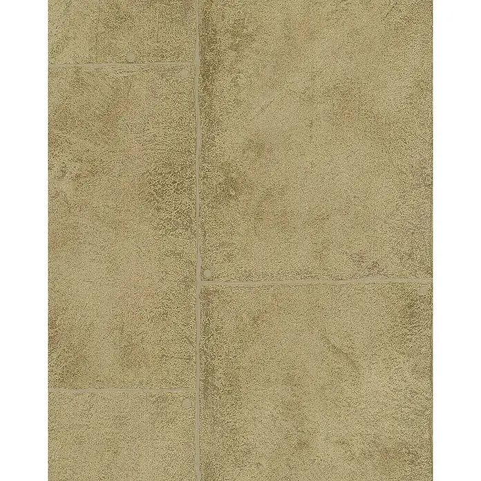 Marburg Loft Vliestapete Fliesenoptik - Gold, Fliesenoptik, 10,05 x 0,53 m - Nahaufnahme einer strukturierten, sandfarbenen Wandfliese mit linearen Fugen, die ein rustikales und elegantes Design erzeugt.
