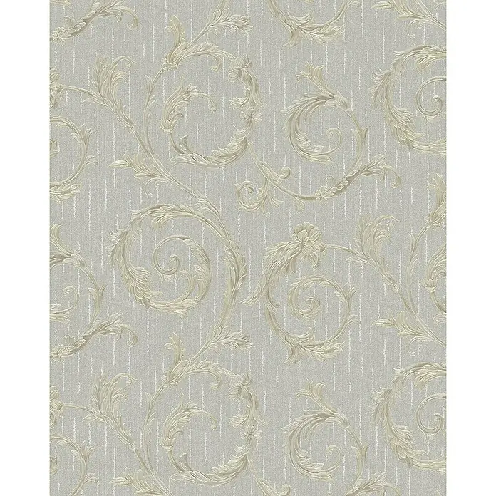 Marburg Home Classic Belvedere Vliestapete Rokkoko-Ranke - Greige, Ornament, 10,05 x 0,53 m - Elegantes Tapetenmuster mit filigranen floralen Ornamenten auf einem strukturierten, hellgrauen Hintergrund, ideal für stilvolle Innenräume.