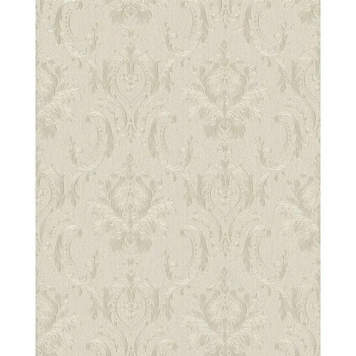 Marburg Home Classic Belvedere Vliestapete Damastmotiv I - Dunkelbeige, Ornament, 10,05 x 0,53 m - Nahaufnahme eines beigen Damast-Tapetenmusters, das klassische Eleganz und subtile Texturen zeigt.