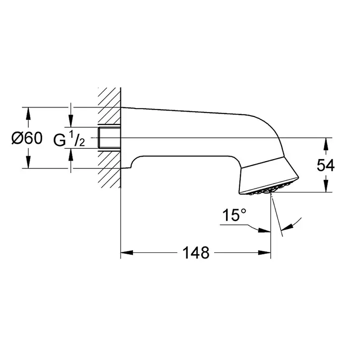 Grohe Kopfbrause Relexa Plus - Anzahl Funktionen: 1 Stk., 12 l/min, Chrom - Technische Zeichnung einer Wasserhahn-Auslaufgarnitur mit Maßangaben für Durchmesser, Gewinde, Länge und Winkel.