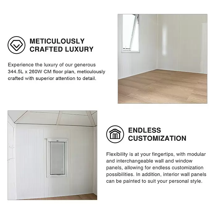 Sunjoy Gartenhaus Riga - Außenmaß inkl. Dachüberstand (B x T): 302 x 296 cm, Stahl, Dunkelgrau - Geräumiges modulares Zimmerinterieur mit hellem Holzboden und weißen Paneelwänden, zeigt einen anpassbaren leeren Raum mit Fenstern.