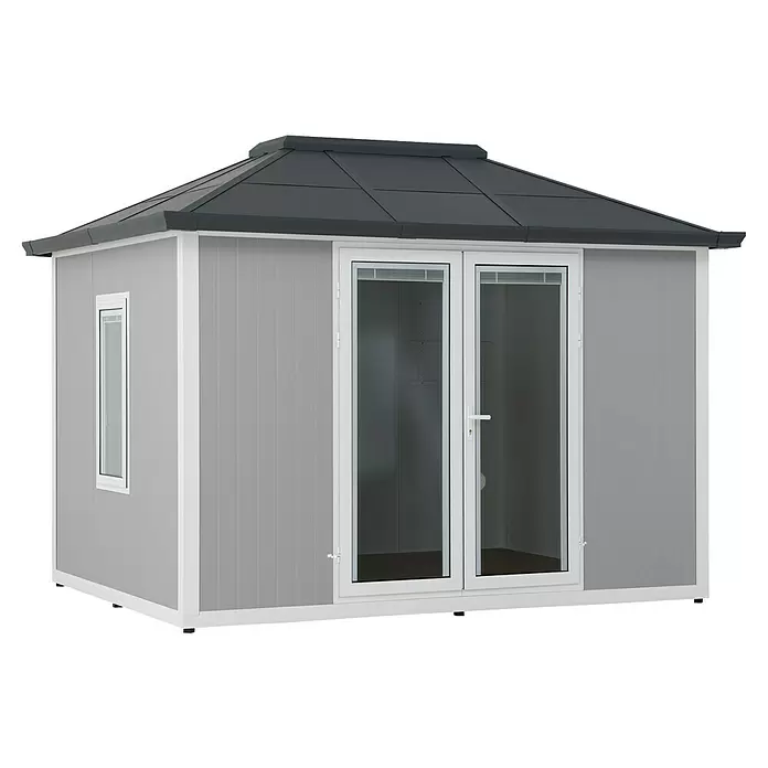 Sunjoy Gartenhaus Riga - Außenmaß inkl. Dachüberstand (B x T): 302 x 296 cm, Stahl, Dunkelgrau - Kompaktes graues Gartenhaus mit dunklem Dach, weißen Doppeltüren und Fenster.
