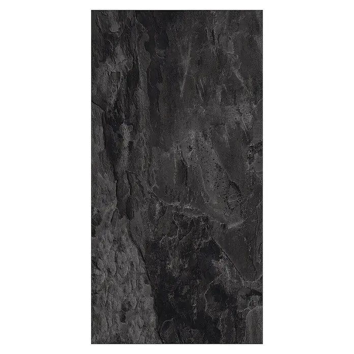 LOGOCLIC Laminatmuster Ceramico Pearl Grey - 297 x 195 x 1 mm, Fliesenoptik - Nahaufnahme einer dunklen Schieferfliese mit markanter Textur, ideal für moderne Innenräume.\n