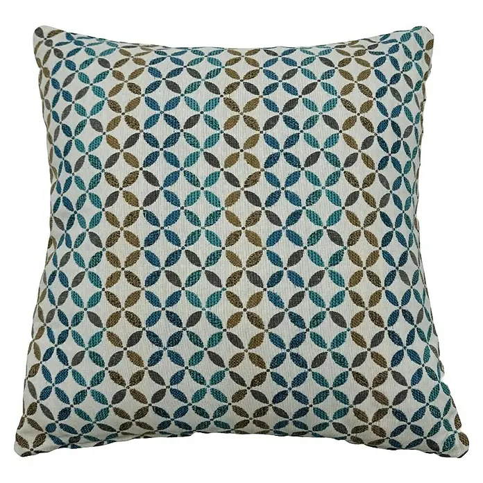 Cojín Yunus - 45 x 45 cm, Textil, Azul, Cuadrado - Cojín decorativo con un estampado geométrico de pétalos azules y marrones sobre fondo blanco, perfecto para el sofá o la cama.