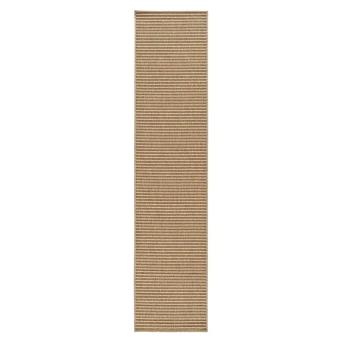 Alfombra exterior pasillero In&Out Natural - Natural, 200 x 50 cm, Polipropileno - La imagen muestra una alfombra con rayas horizontales marrones y beige, adecuada para uso interior.
