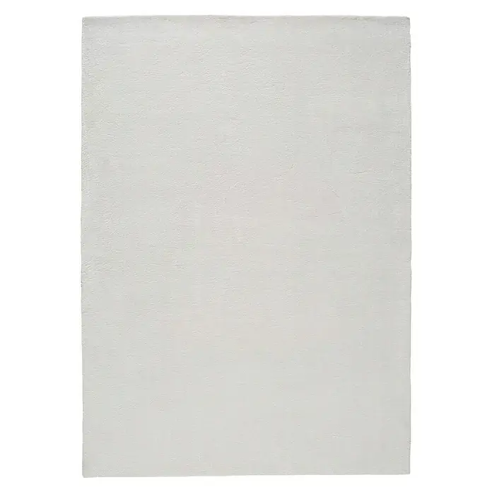 Alfombra de pelo corto Kristel - Blanco, 110 x 60 cm, 100% Poliéster - Una alfombra rectangular beige con una superficie sutilmente texturizada, ideal para un interior minimalista.