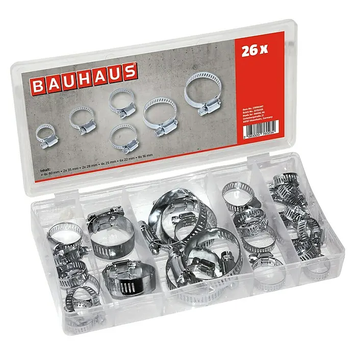BAUHAUS Schlauchklemmen-Sortiment - 26 Stk., Metall - Eine Sortimentsbox mit 26 Schlauchschellen verschiedener Größen von Bauhaus, ideal für vielfältige Anwendungen.