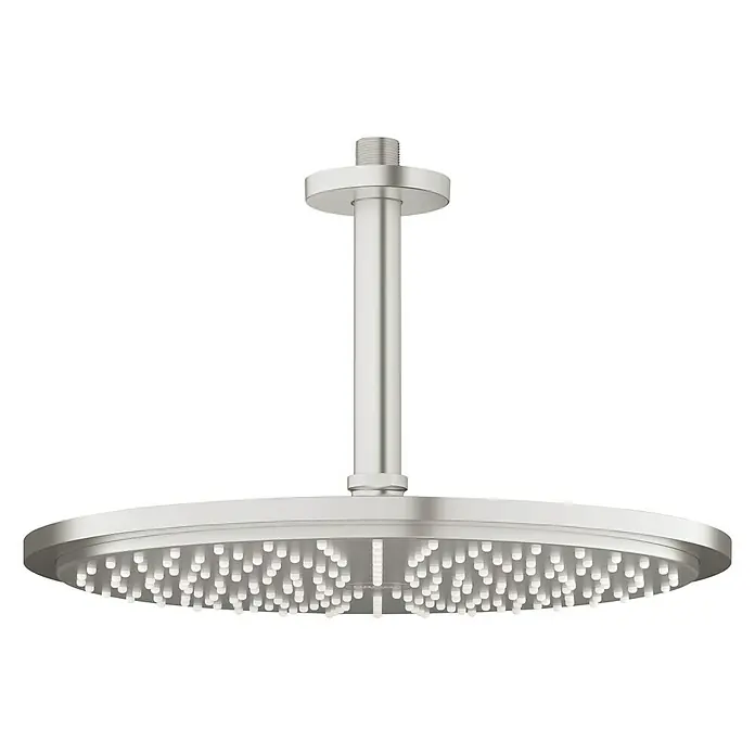 Grohe Rainshower Cosmopolitan 310 Kopfbrausen-Set - Durchmesser: 31 cm, 9,5 l/min, Deckenmontage, Supersteel - Abgebildeter runder Regenduschkopf aus Edelstahl mit Deckenmontage für ein luxuriöses Duscherlebnis.