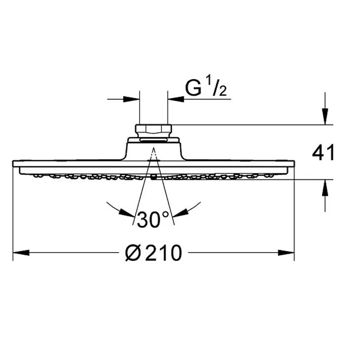 Grohe Rainshower Cosmopolitan 210 Kopfbrause - Durchmesser: 21 cm, 9,5 l/min, Anzahl Funktionen: 1 Stk., Chrom - Abbildung einer Kopfbrause mit Maßangaben zu Durchmesser, Winkel und Anschlussgröße für eine detaillierte Produktbeschreibung.