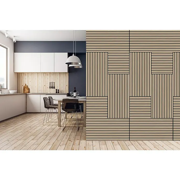 Jangal Akustikpaneel Modular Wall Furnier - Fanal Oak, 1.040 x 520 x 10 mm - Ein modernes Interieur mit einer auffälligen Holzwandpaneele, die dem Raum Textur und Interesse verleiht.
