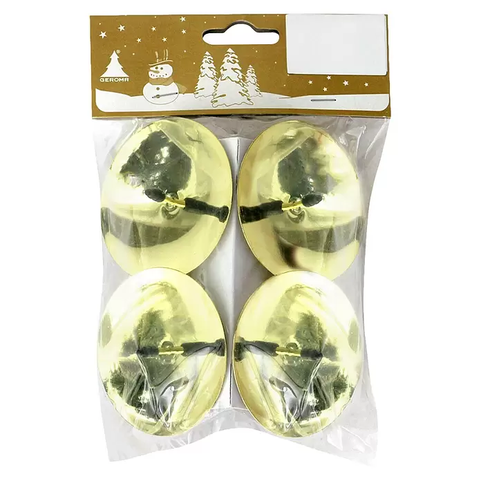 Kerzenhalter - 6 x 45 cm, Metall, Gold - Vier goldene glockenförmige Weihnachtsornamente in klarer Verpackung mit festlicher Kopfleiste.