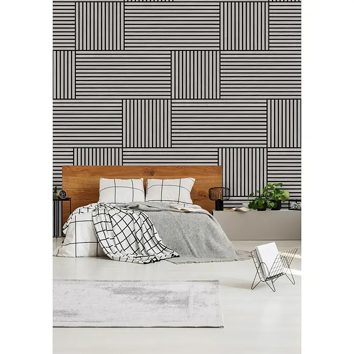 Jangal Akustikpaneel Modular Wall Furnier - Oulanka Oak, 520 x 520 x 10 mm - Schlafzimmer mit Wandpaneelen im Streifendesign. Die Wandpaneele sind eine moderne und stilvolle Ergänzung für jedes Zuhause.