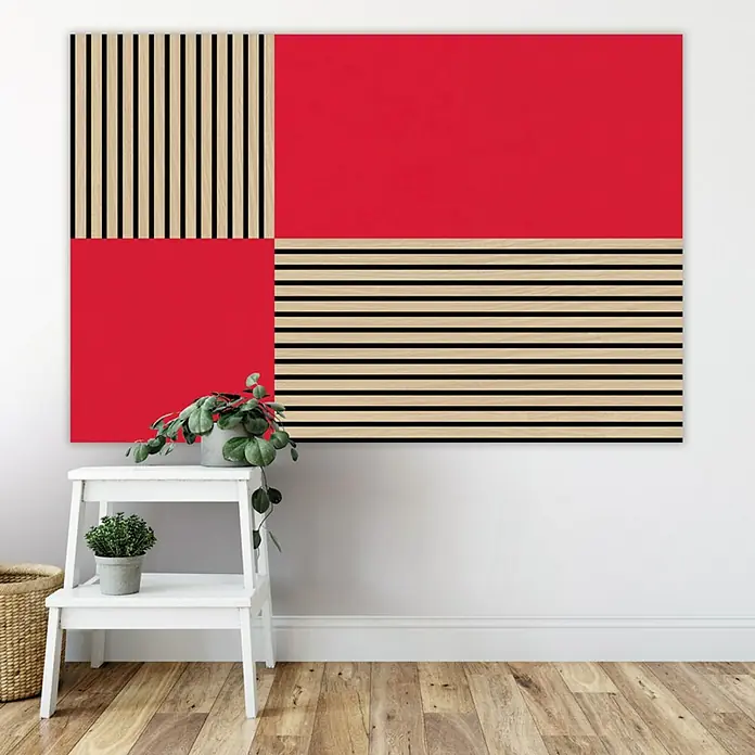 Jangal Wandpaneel Modular Wall PET Filz - Red, 520 x 520 x 6 mm - Wandpaneel mit geometrischem Muster in Rot und Beige/Schwarz. Moderne Wanddekoration für ein stilvolles Interieur und eine angenehme Raumatmosphäre.