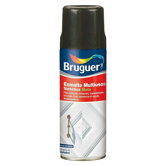 Bruguer Spray para retoques Multiusos - Blanco, Mate, 400 ml - Imagen de una lata de esmalte sintético mate Multiusos de Bruguer, ideal para retoques, rotulación y proyectos de bricolaje.