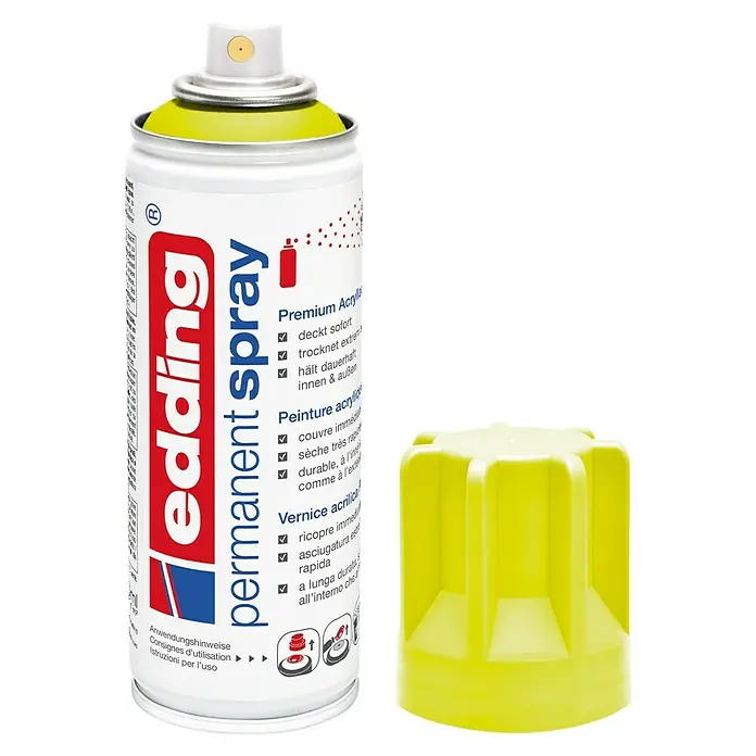 Edding Sprühlack Neon - Neon-Gelb, Matt, 200 ml - Edding Permanent Spraydose in Gelb. Die Dose bietet Premium Acrylfarbe, die schnell trocknet und dauerhaft im Innen- und Außenbereich hält.