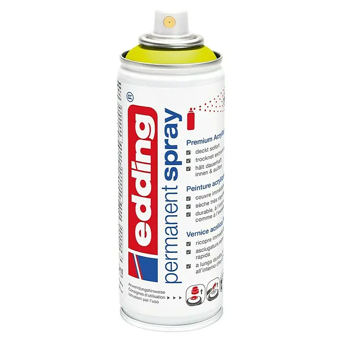 Edding Sprühlack Neon - Neon-Gelb, Matt, 200 ml - Eine Dose Edding Permanent Spray Premium Acrylfarbe in Gelb, ideal für dauerhafte Innen- und Außenanwendungen, die schnell trocknet.