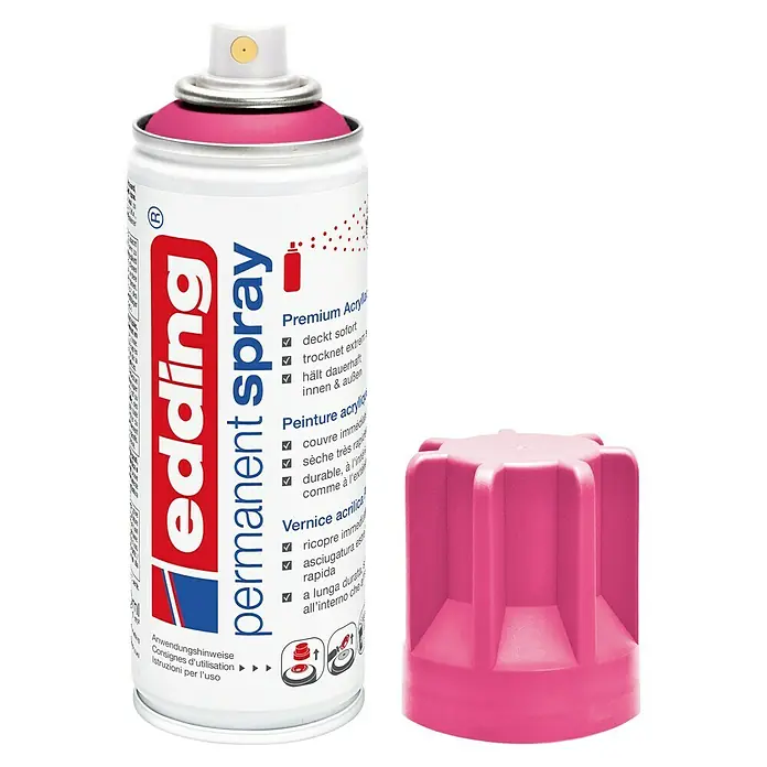 Edding Sprühlack Neon - Neon-Pink, Matt, 200 ml - Dose Edding Permanent Spray Premium Acryl in Pink mit pinkfarbenem Deckel. Das Produkt verspricht schnelles Trocknen und lange Haltbarkeit.