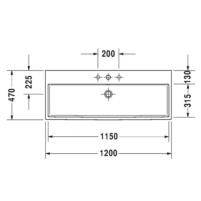 Duravit Vero Air Waschtisch - 120 x 47 cm, Ohne Spezialglasur, Hahnloch: Ohne, Ohne Überlauf, Weiß, Ungeschliffen - Technische Zeichnung des Duravit Vero Air Waschtisches mit Maßen.