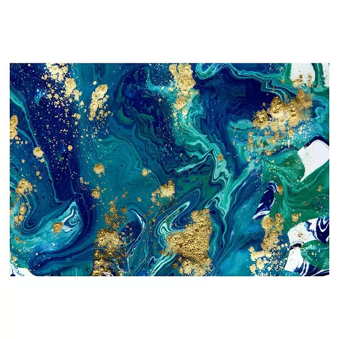 Glasbild - Marmor Türkis, B x H: 120 x 80 cm - Abstraktes Fluid Art in wirbelndem Blau und Grün mit goldenem Glitzer.