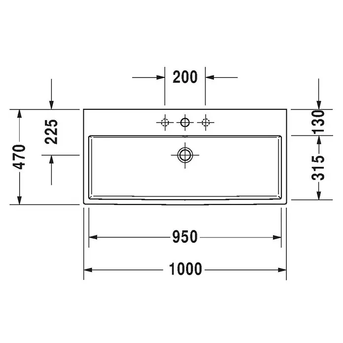 Duravit Vero Air Waschtisch - 100 x 47 cm, Ohne Spezialglasur, Hahnloch: Mitte, Mit Überlauf, Weiß, Geschliffen - Technische Zeichnung eines Waschbeckens mit Maßen, die die genauen Abmessungen und Designmerkmale des Produkts hervorheben.