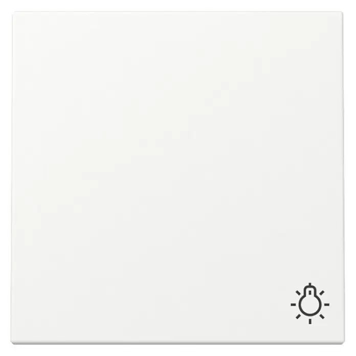 Gira System 55 Universalwippe mit Lichtsymbol 328527 - Reinweiß seidenmatt, Kunststoff - Weißes quadratisches Bedienfeld mit Glühbirnensymbol in der Ecke.