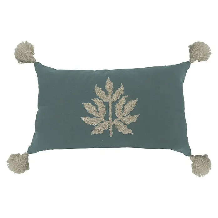 Cojín Vera Tufted - 50 x 30 cm, Textil, Azul, Rectangular - Cojín decorativo con borlas y diseño de hojas para un ambiente elegante. El cojín decorativo es un verdadero atractivo en cada habitación.
