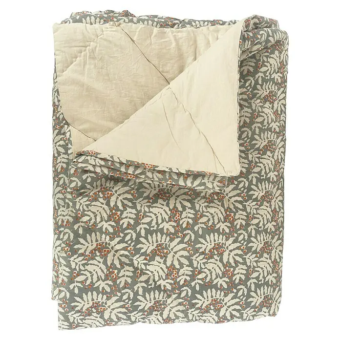 Manta para sofá Otoño - Textil, Azul/Crudo - Colcha con estampado floral y interior beige.
