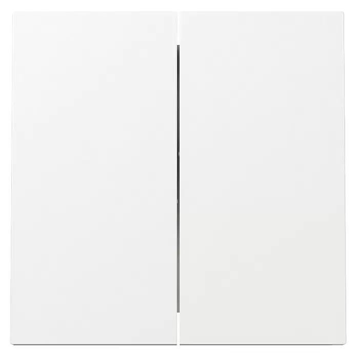 Gira Flächenschalter Serienschalterwippe 329570 - Reinweiß, Glänzend, Kunststoff, Unterputzmontage - Zwei weiße rechteckige Elektroabdeckplatten, getrennt durch eine dünne dunkle Linie.