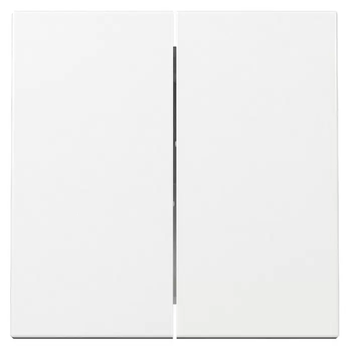 Gira System 55 Serienschalterwippe 329503 - Reinweiß glänzend - Zwei matte weiße rechteckige Elektroabdeckungen oder Blindplatten, nebeneinander.