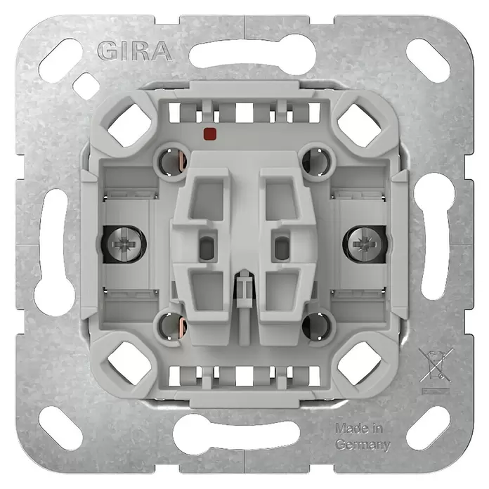 Gira Taster-Einsatz 315100 - 10 A - GIRA hellgrauer Schaltereinsatz, Rückansicht mit Metallrahmen und Schraubklemmen.