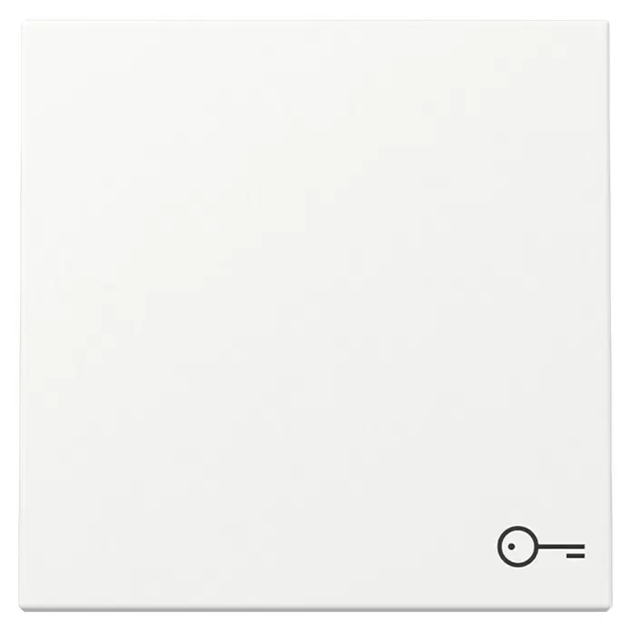 Gira System 55 Universalwippe mit Schlüsselsymbol 328727 - Reinweiß seidenmatt, Kunststoff - Weißes quadratisches Panel mit schwarzem Schlüsselsymbol unten rechts.