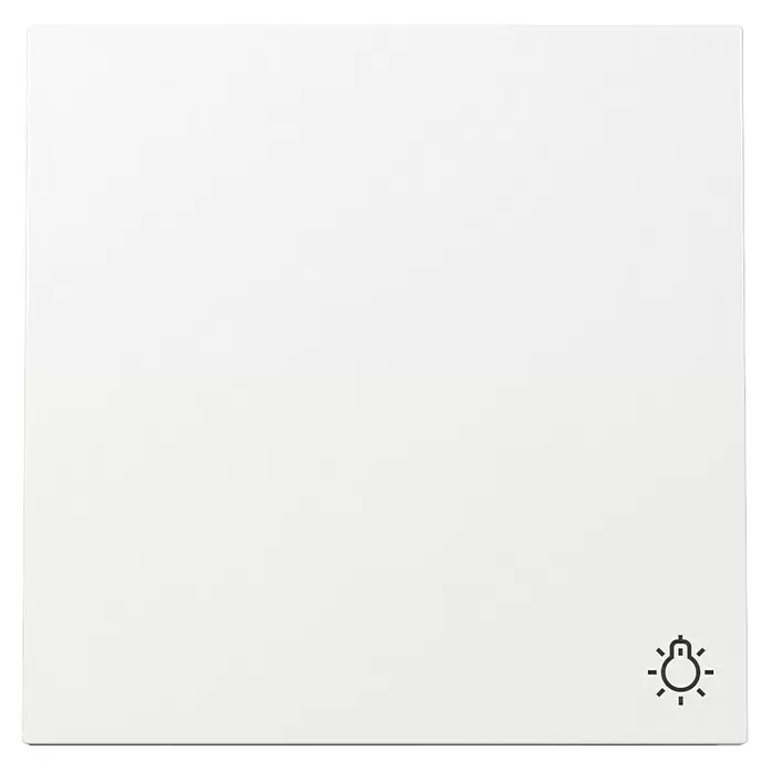 Gira Flächenschalter Universalwippe mit Lichtsymbol 328570 - Reinweiß, Glänzend, Kunststoff, Unterputzmontage - Weißes quadratisches Kärtchen mit Glühbirnen-Symbol unten rechts.