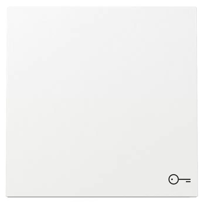 Gira Flächenschalter Universalwippe mit Schlüsselsymbol 328770 - Reinweiß, Glänzend, Kunststoff, Unterputzmontage - Weißer quadratischer Haftnotizzettel mit schwarzem Schlüsselsymbol unten rechts.