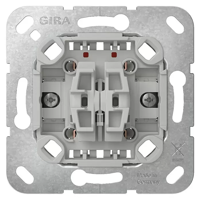 Gira Doppelwechselschalter-Einsatz 310800 - 10 A, Unterputzmontage - Rückseite eines Gira Schaltereinsatzes, graues Kunststoffgehäuse mit Metallrahmen und Anschlussklemmen.