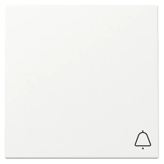 Gira System 55 Universalwippe 2515018 - mit Klingelsymbol, Reinweiß seidenmatt, Kunststoff - Weißer quadratischer Knopf mit einem minimalistischen Glockensymbol in der unteren rechten Ecke.