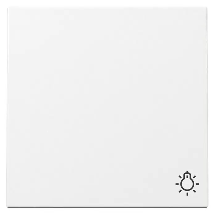 Gira System 55 Universalwippe mit Lichtsymbol 328503 - Reinweiß glänzend, Kunststoff - Weißes quadratisches Lichttastenfeld mit Glühbirnen-Symbol unten rechts.