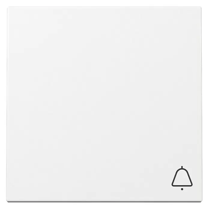 Gira Flächenschalter Universalwippe mit Klingelsymbol 328670 - Reinweiß, Glänzend, Kunststoff, Unterputzmontage - Weißer, quadratischer Klingeltaster mit schwarzem Glockensymbol.