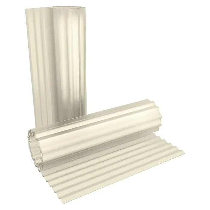 Wellpolyester Owellan - 1,5 x 10 m, 76/18 mm - Das Bild zeigt zwei gewellte Polycarbonatplatten, die für Dächer oder Wandverkleidungen verwendet werden können. Sie sind lichtdurchlässig und robust.