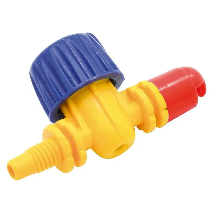 Tobera pulverizadora microdifusora 360º L/H 77 - 3 ud., Formas de riego: 360° - Primer plano de una válvula de cierre de manguera de jardín de plástico de colores en azul, amarillo y rojo.