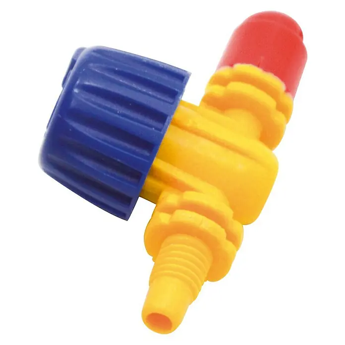 Tobera pulverizadora microdifusora 360º L/H 77 - 3 ud., Formas de riego: 360° - Primer plano de una válvula de plástico colorida con mango azul, cuerpo amarillo y punta roja, ideal para diversas aplicaciones.