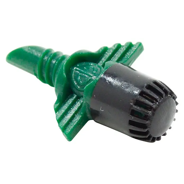 Tobera pulverizadora microdifusora 360º 60 L/H - 10 ud., Formas de riego: 360° - Primer plano de un inserto de boquilla de pulverización de riego verde y negro.
