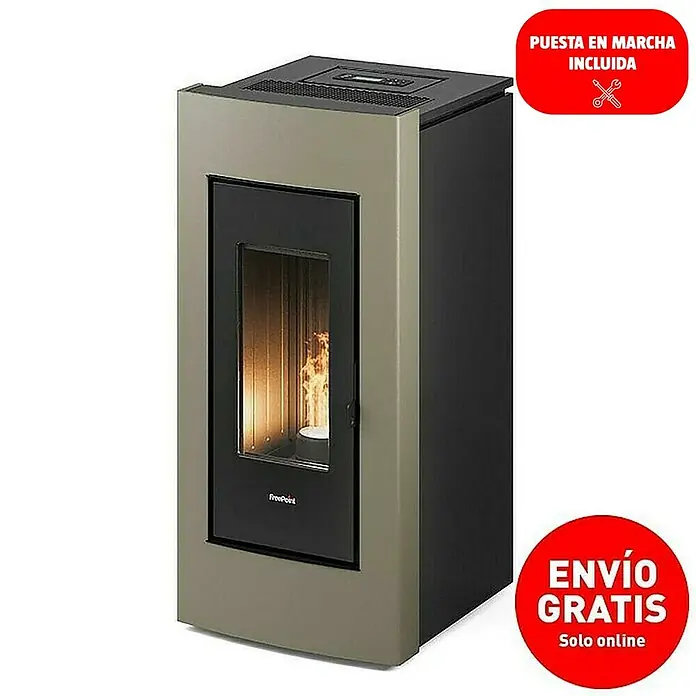 FreePoint Estufa de pellets Go - 10,5 kW, Volumen de calefacción: 84 m³ - 294 m³, Negro y bronce - Una estufa de pellets elegante en gris y negro, aportando calidez y estilo a tu hogar. El calentador perfecto para horas acogedoras.