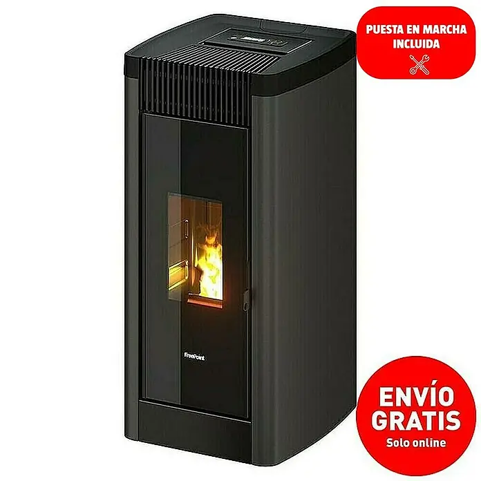 FreePoint Estufa de pellets Steel Wifi canalizable - 8,5 kW, Volumen de calefacción: 70 m³ - 238 m³, Antracita - Estufa de pellets FreePoint negra con ventana de cristal y llamas en el interior. Puesta en marcha incluida y envío online gratis.