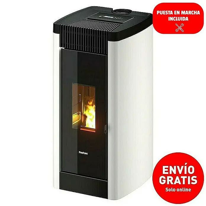 FreePoint Estufa de pellets Steel Wifi canalizable - 8,5 kW, Volumen de calefacción: 70 m³ - 238 m³, Blanco - Imagen de una estufa de pellets con acabado en blanco y negro, que muestra un sistema de calefacción moderno y eficiente.