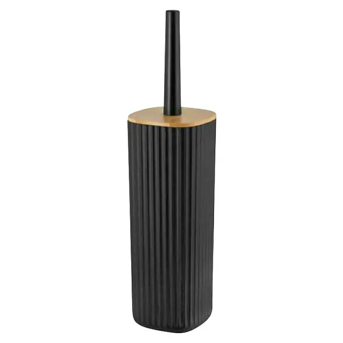 Wenko Rotello WC-Bürstengarnitur - Kunststoff, Schwarz/Natur - Schwarzer gerippter Dekorationsartikel mit goldenem Deckel und schwarzem Zylinderaufsatz, ideal für Wohnaccessoires und stilvolle Akzente.