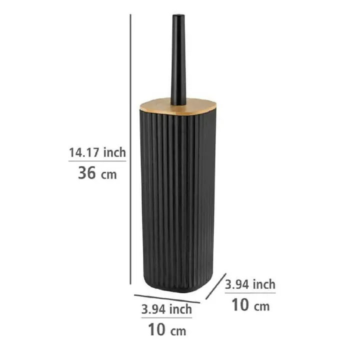 Wenko Rotello WC-Bürstengarnitur - Kunststoff, Schwarz/Natur - Produktfoto eines schwarzen WC-Bürstenhalters mit Holzdeckel und den Maßen 36cm Höhe und 10cm Breite.